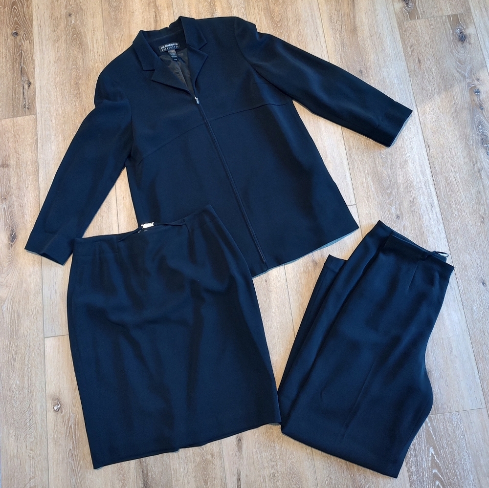 Vintage Liz Claiborne Three Piece Suit Y2K 90s Black Jacket Pants Skirt 14